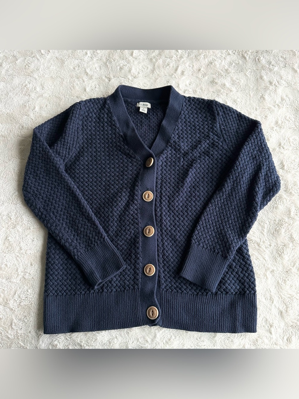 LL Bean Cardigan Sweater Womens Small Petite Navy Basket Weave Button Cotton